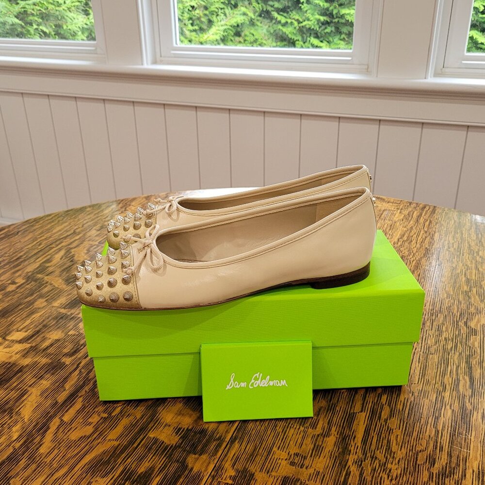 Sam Edelman Spiked Ballet Flats. Leather. Monet Studded Cap Toe. Sand. Size 7.